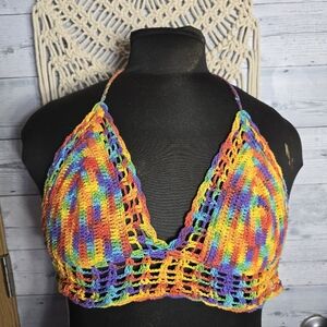 Y2K Jayli Boho Festival 70s Style Handmade Rainbow Crochet Halter Triangle Top
